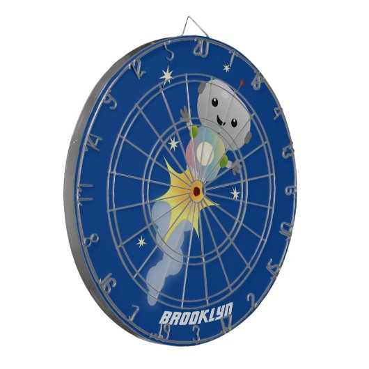 Cute robot vliegend in de cartoon van de ruimte dartbord (Voorkant Links)