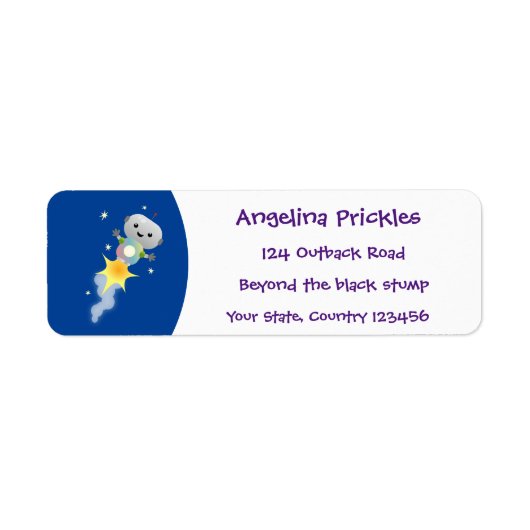 Cute robot vliegend in de cartoon van de ruimte etiket (Voorkant)