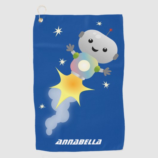 Cute robot vliegend in de cartoon van de ruimte golfhanddoek (Voorkant)