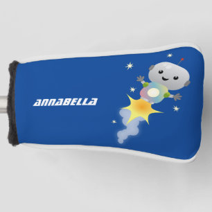 Cute robot vliegend in de cartoon van de ruimte golfheadcover