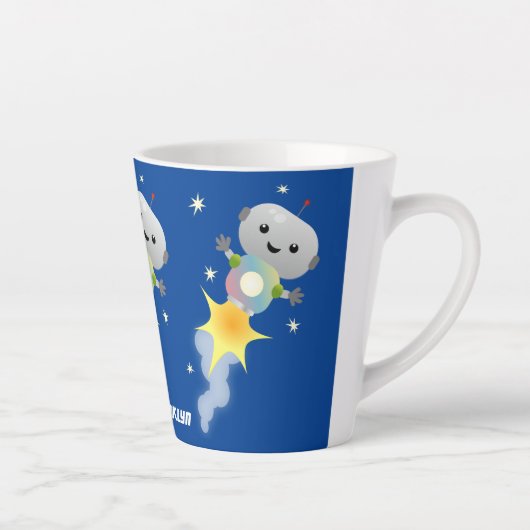 Cute robot vliegend in de cartoon van de ruimte latte mok (Rechts)