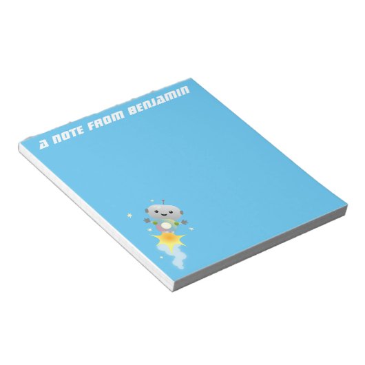 Cute robot vliegend in de cartoon van de ruimte notitieblok (Schuin)