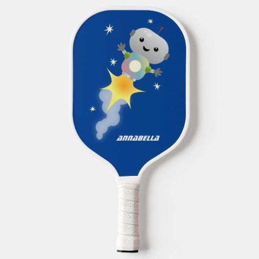 Cute robot vliegend in de cartoon van de ruimte pickleball paddle (Achterkant)