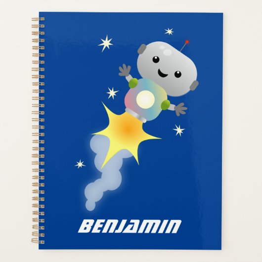 Cute robot vliegend in de cartoon van de ruimte planner (Voorkant)