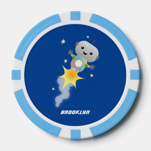 Cute robot vliegend in de cartoon van de ruimte poker chips (Voorkant)