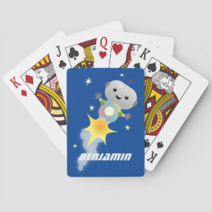 Cute robot vliegend in de cartoon van de ruimte pokerkaarten
