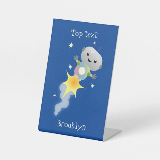 Cute robot vliegend in de cartoon van de ruimte reclamebord met voetstuk (Voorkant)