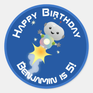 Cute robot vliegend in de cartoon van de ruimte ronde sticker