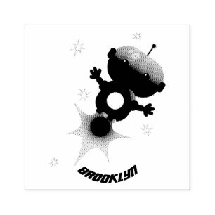 Cute robot vliegend in de cartoon van de ruimte rubberstempel