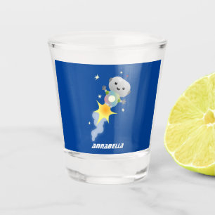 Cute robot vliegend in de cartoon van de ruimte shot glas