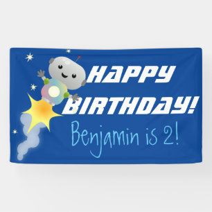 Cute robot vliegend in de cartoon van de ruimte spandoek