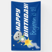 Cute robot vliegend in de cartoon van de ruimte spandoek (Verticaal)