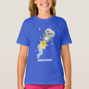 Cute robot vliegend in de cartoon van de ruimte t-shirt