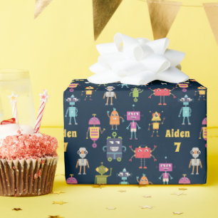 Cute Robots Pattern Name Age Birthday Cadeaupapier