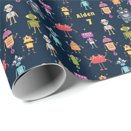 Cute Robots Pattern Name Age Birthday Cadeaupapier (Rol Hoek)