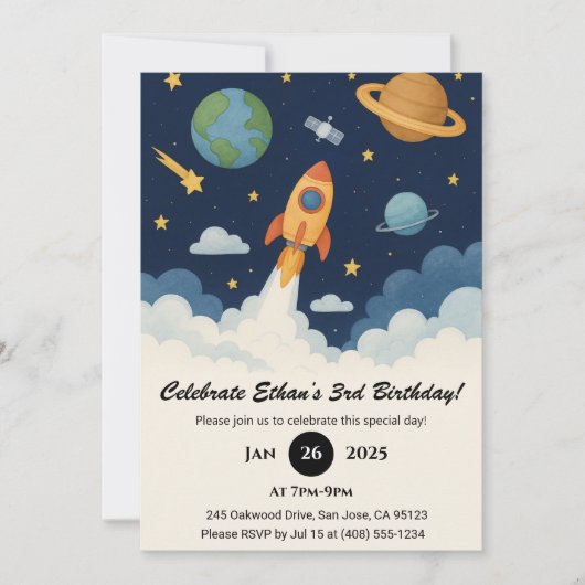 Cute Rocket & Planet Space Art Birthday  Kaart (Voorkant)