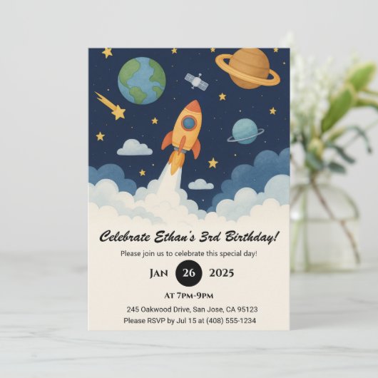 Cute Rocket & Planet Space Art Birthday  Kaart (Staand voorkant)
