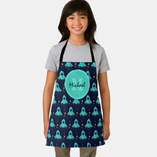 Cute Rocket Stars Spaceship Kinder Boy Monogram Na Schort (Insitu)