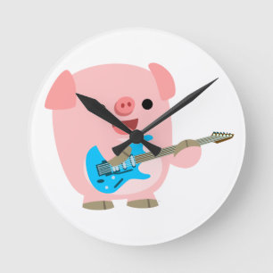 Cute Rockin Cartoon Pig Wall Clock Ronde Klok