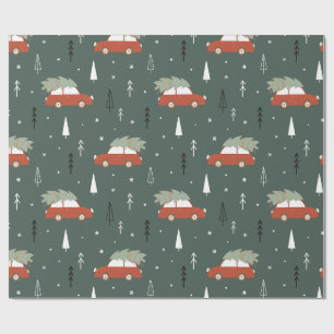 Cute Rode Auto Kerstboom Winter Patroon Cadeaupapier