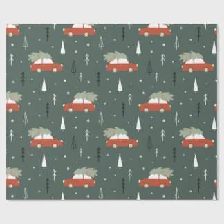 Cute Rode Auto Kerstboom Winter Patroon Cadeaupapier