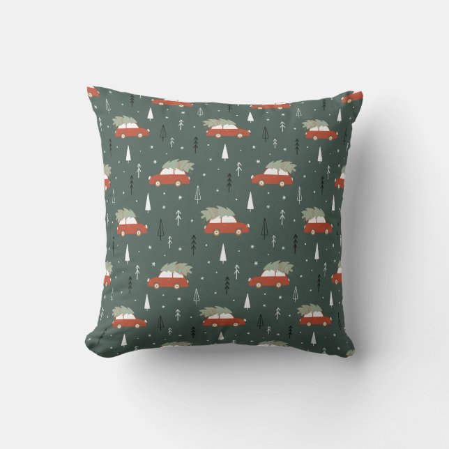 Cute Rode Auto Kerstboom Winter Patroon Kussen (Voorkant)