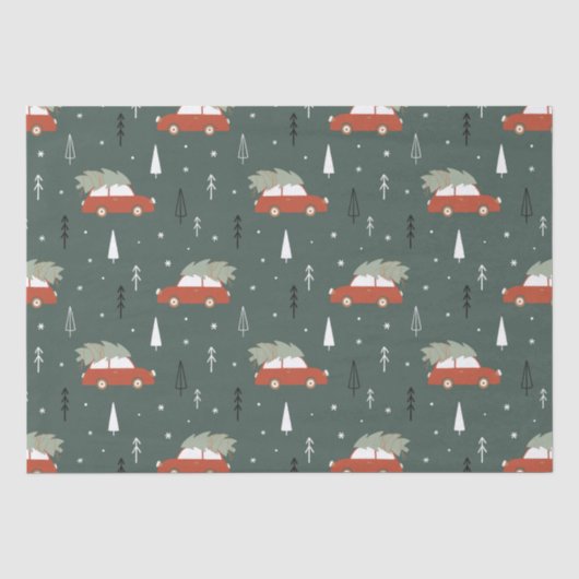 Cute Rode Auto Kerstboom Winter Patroon Tissuepapier (Voorkant)