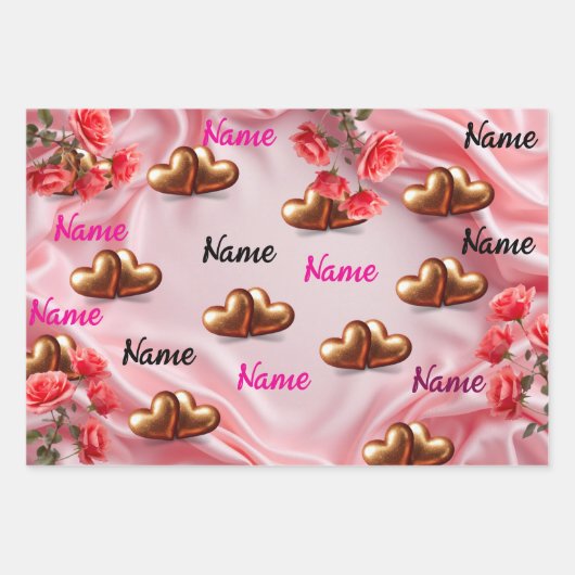 Cute Rode bloemmotief & Roze Harten Valentijnsdag Inpakpapier Vel (Voorkant 3)