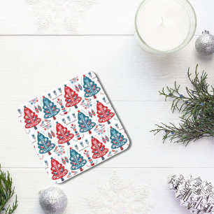 Cute Rode en Blauwe Kerstboom Scandinavisch Patroo Bier Onderzetter