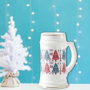 Cute Rode en Blauwe Kerstboom Scandinavisch Patroo Bierpul