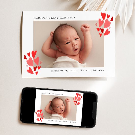 Cute Rode Hartjes Foto Geboorteaankondiging Aankondiging