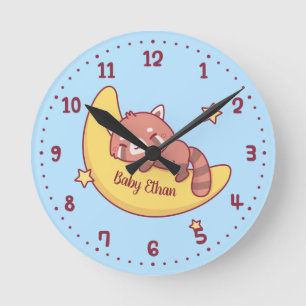 Cute Rode Panda Slapend Op Maan Baby Kamer Decorat Ronde Klok