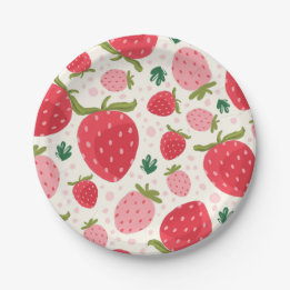 Cute Rode Roze Aardbeien Meisje 1e Verjaardagsfees Papieren Bordje