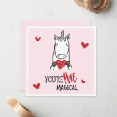 Cute Rode Roze Harten Eenhoorn Kinderen Valentijns Notitiekaartje (Voorkant / Achterkant in situ)