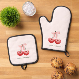 Cute Rode  & Roze Kersen Hart Strik  Ovenwant & Pannenlap Set