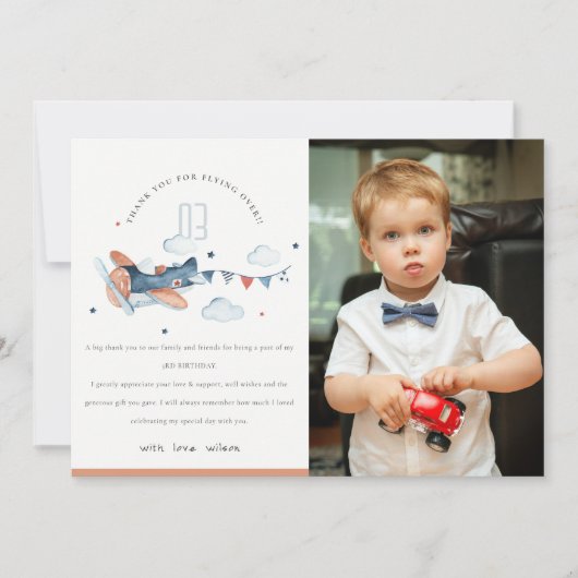 Cute Roest Navy Vliegtuig Wolken Kinderen Foto Ver Bedankkaart (Voorkant)