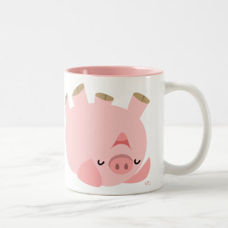 Cute Rolling Over Cartoon Pig Tweekleurige Koffiemok