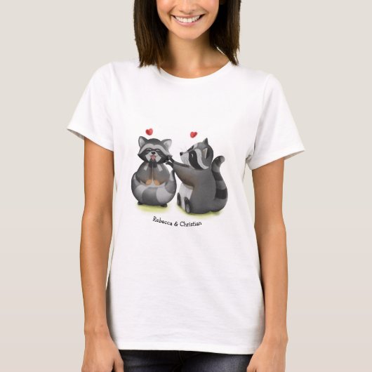 Cute Romantic Cartoon Raccoon Couple T-Shirt (Voorkant)