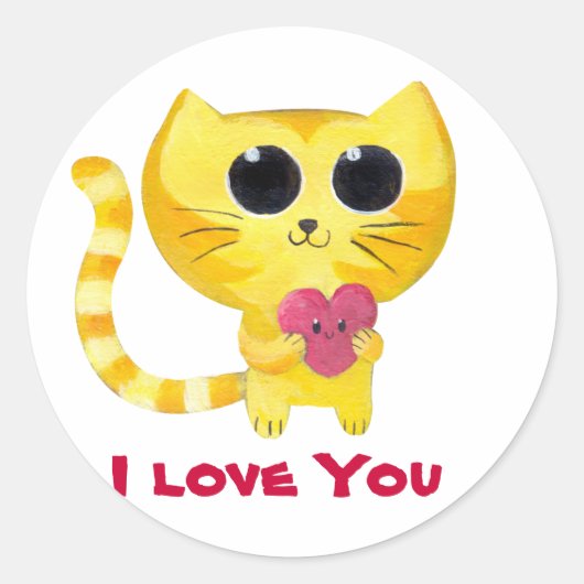 Cute Romantic Cat met hart Ronde Sticker (Voorkant)
