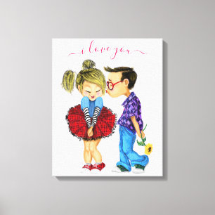 Cute Romantic Couple - Love - I love you - Kiss Canvas Afdruk