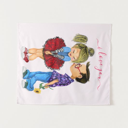 Cute Romantic Couple - Love - I love you - Kiss Wandkleed (Voorkant (horizontaal))