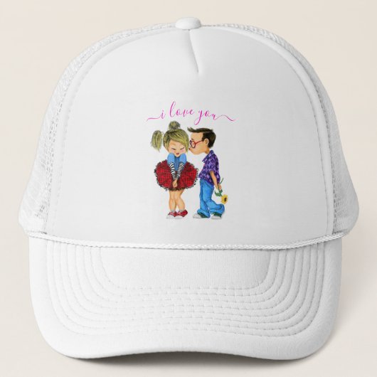 Cute Romantic Couple - Love - Kiss - Ik hou van je Trucker Pet (Voorkant)