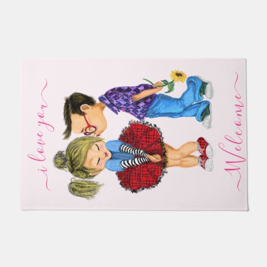Cute Romantic Couple - Love - Valentijnsdag Kiss Deurmat (Voorkant)