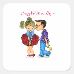 Cute Romantic Couple - Love - Valentijnsdag Kiss Vierkante Sticker