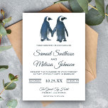 Cute Romantic Couple Penguin Wedding Invitation Kaart<br><div class="desc">Verrijk je gasten met deze elegante trouwuitnodiging met twee schattige pinguïns die handen vasthouden en naast elkaar staan. Voeg eenvoudig uw gebeurtenisdetails op deze makkelijk te gebruiken sjabloon toe om het één-van-een-soort uitnodiging te maken. Draai de kaart om een prachtige blauwe grijze waterverf textuur op de achterkant van de kaart...</div>