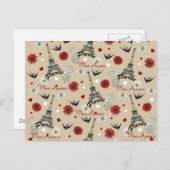 Cute romantic Eiffel Tower, harten, bloemen Briefkaart (Voorkant / Achterkant)