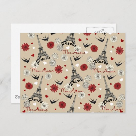 Cute romantic Eiffel Tower, harten, bloemen Briefkaart (Voorkant / Achterkant)