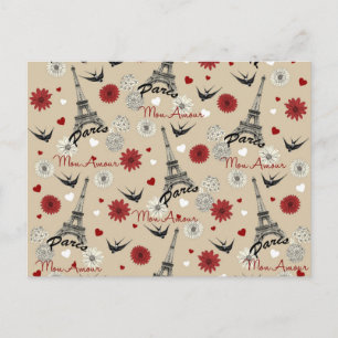 Cute romantic Eiffel Tower, harten, bloemen Briefkaart