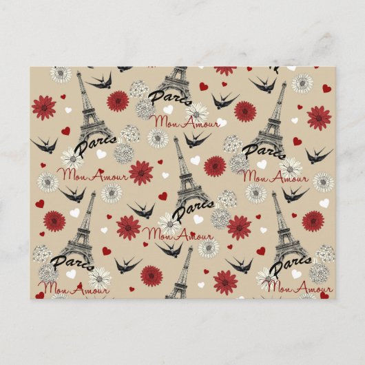 Cute romantic Eiffel Tower, harten, bloemen Briefkaart (Voorkant)