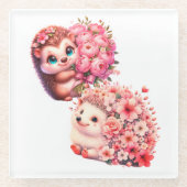  Cute Romantic Floral Hedgehog Duo Illustration Glazen Onderzetter (Voorkant)